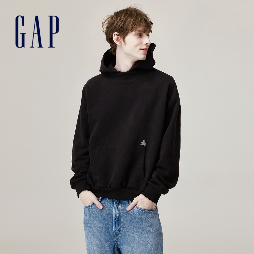 Gap 男裝 Logo小熊印花帽T 碳素軟磨系列-黑色(762468)