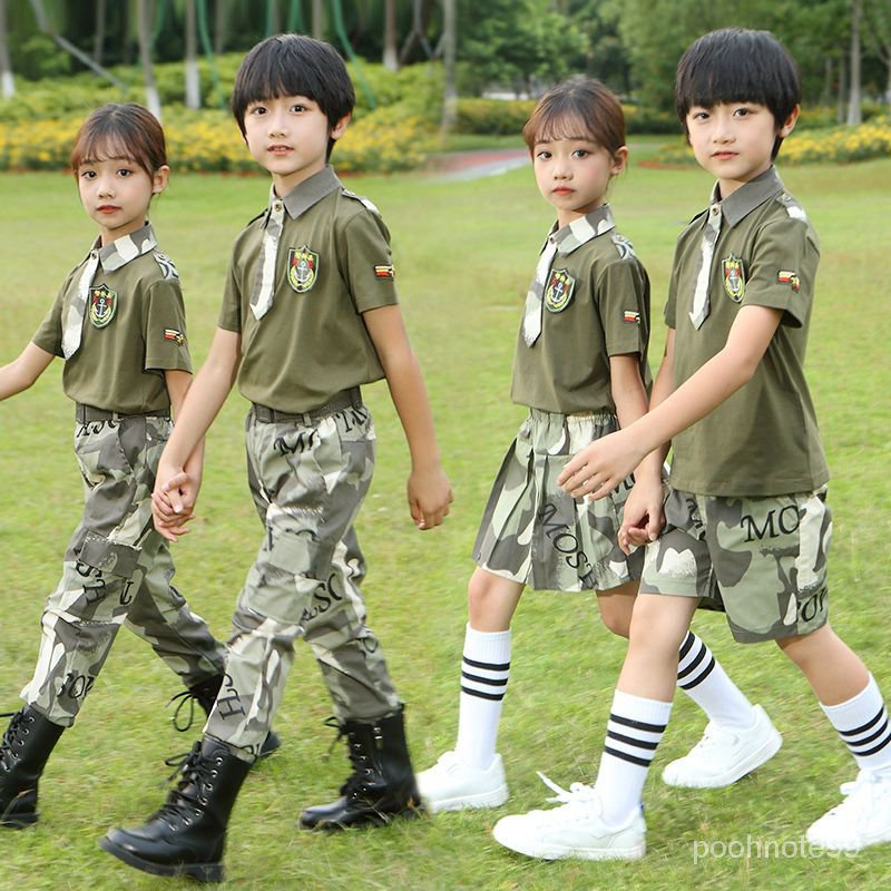 兒童迷彩服套裝小學生軍訓服幼兒園錶演服男女童軍裝兒童軍裝夏季㊣QINJ STORE