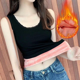 25發熱衣 內搭衣 保暖衣 大尺碼發熱衣 刷毛保暖衣 背心防凍保暖女加絨加厚冬季螺紋蕾絲花邊大碼無袖內搭上衣打底衫