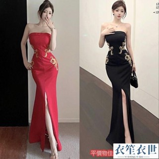 正韓歐美性感刺繡修身復古抹胸魚尾開衩禮服長連衣裙設計感裙子洋裝 禮服 一字領洋裝 夜店洋裝 包臀裙 A字裙[衣笙衣世]