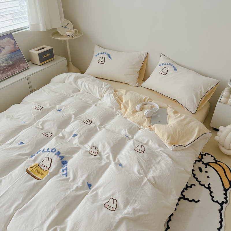 5色 可愛兔子毛巾繡水洗棉床包組 兒童卡通床組 床單 床罩組 單人 雙人 加大床包四件組