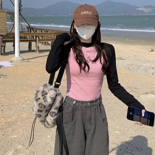 【Wik】長袖T恤 德絨美式複古甜辣妹長袖 t恤女 新款修身顯瘦短款保暖T恤上衣 大學t長袖 顯瘦上衣 薄長袖 打底衫