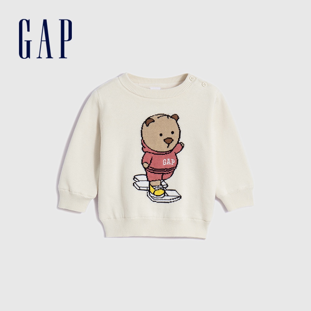 Gap 嬰兒裝 Logo小熊刺繡圓領針織毛衣-米色(719558)