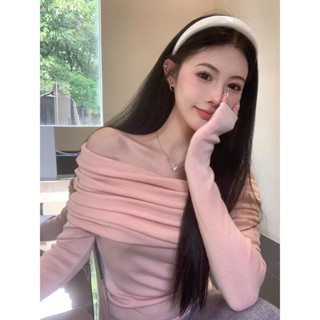 甜心公主Meet 👗女裝館露肩長袖打底衫上衣春裝女粉色溫柔風短款緊身內搭一字領針織毛衣