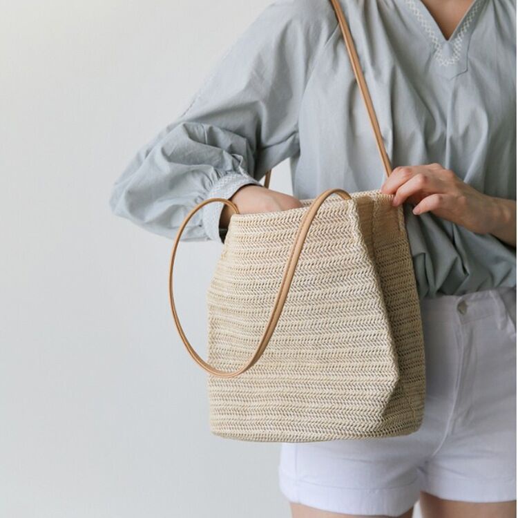 INS Straw Bags Leisure Woven Shoulder Bucket Bag Women's Si
