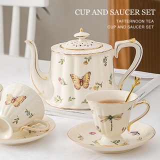 歐式昆蟲圖案陶瓷咖啡杯 花茶杯碟套裝帶勺 復古英式下午茶水杯茶壺 花茶杯組 陶瓷茶壺