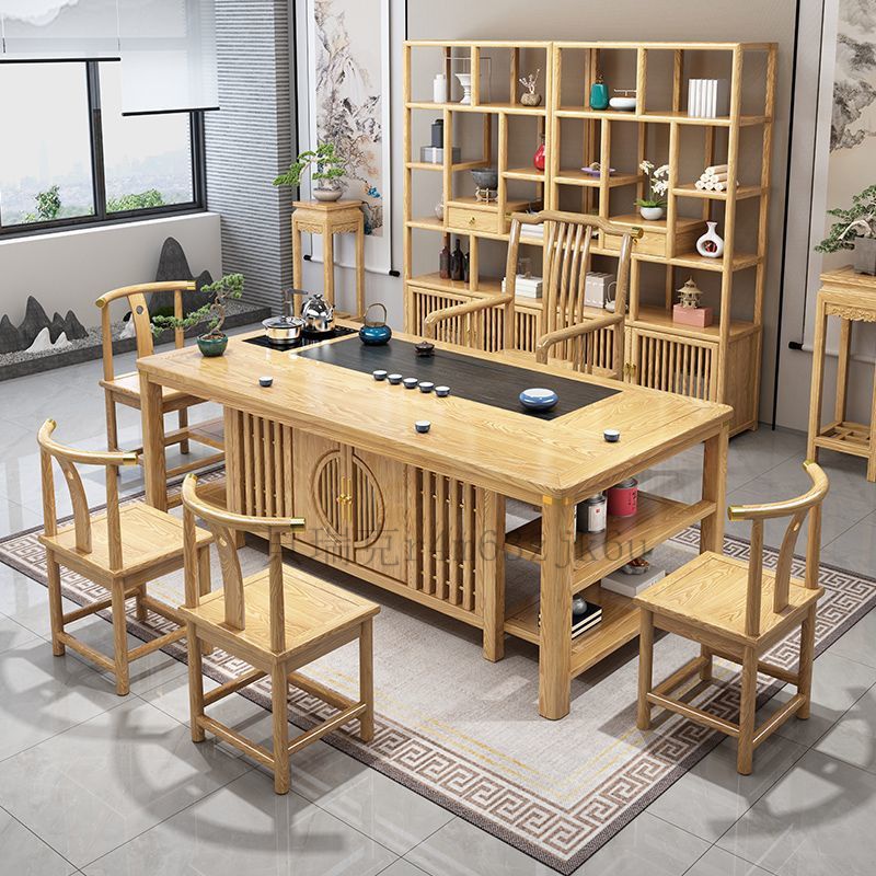 【可開發票】新中式茶桌椅組閤一桌五椅原木色泡茶桌辦公室茶具套裝禪意泡茶臺