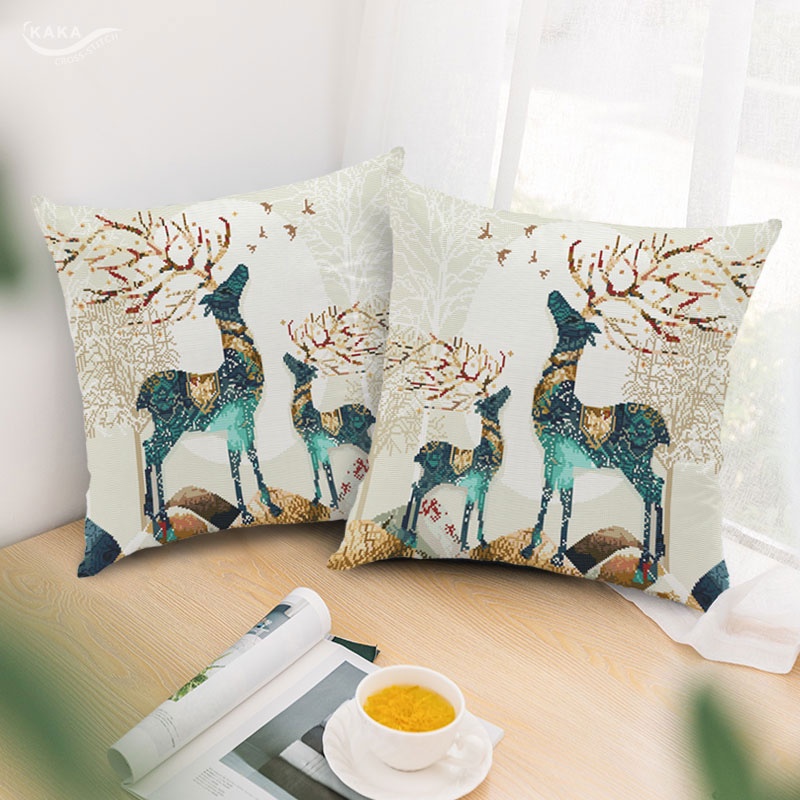 麋鹿 十字繡 抱枕套 車裏 放一對 靠枕頭 臥室 沙發 自己 線繡