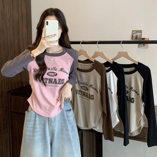 【Wik】長袖T恤 大碼胖mm大尺碼 女T恤 美式複古字母印花百搭長袖女 顯瘦上衣 正肩上衣 打底衫 圓領T恤