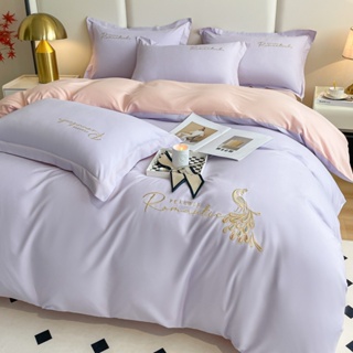 🍙速發熱賣🍙ins風粉紫雙拼素色床包組 精緻刺繡孔雀床包組 簡約床包組 裸睡床包組 水洗棉床包單人/雙人/加大床包組