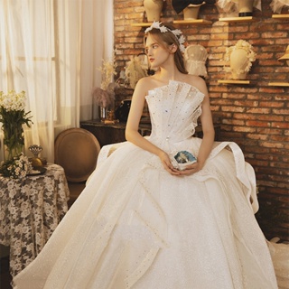 米白色星空釘珠新娘主婚紗宮廷風復古法式重工奢華抹胸禮服大拖尾