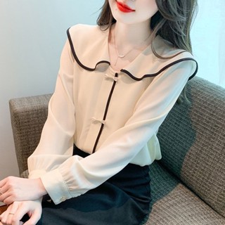 海軍領上衣|洋氣減齡上衣女|秋季新款法式上衣|小個子別緻長袖雪紡襯衫|韓版襯衫上衣|顯瘦襯衫女|修身襯衫