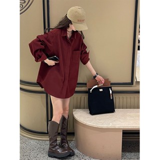 【YW】酒紅色襯衫女 設計感小眾長袖襯衫 韓版百搭上衣女 大呎碼 寬鬆 顯瘦 女生襯衫 襯衫外套 女裝