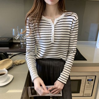 sy韓版毛衣v領針織杉長袖上衣網紅條紋t恤女裝秋季內搭修身長袖上衣條紋針織打底衫針織上衣長袖