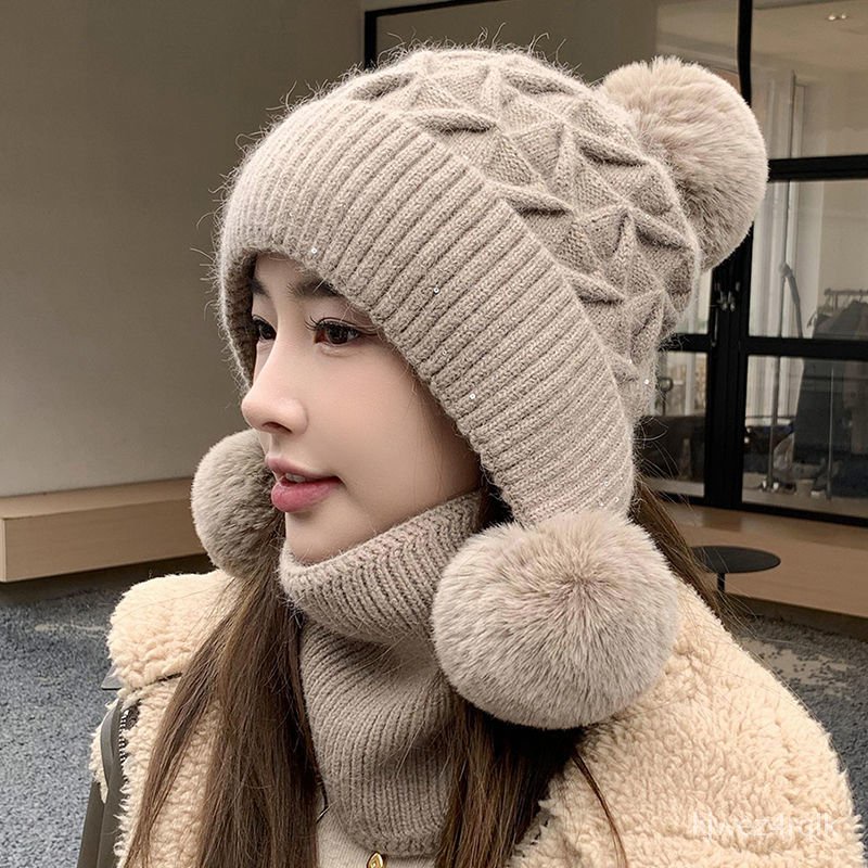 []帽子女秋冬季兔毛針織毛綫帽加絨加厚防寒保暖護耳圍脖套頭滑雪帽 RI2K