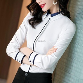 女裝 襯衫上衣 長袖襯衫 長袖白襯衫 女POLO領春秋裝新款冬職業上衣百搭修身顯瘦白襯衫 長袖上衣