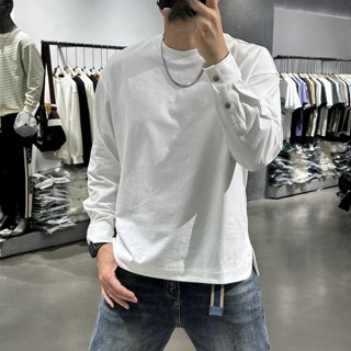 春秋季重磅純棉衛衣下擺弧形長袖t恤 男生套頭袖口紐扣寬鬆上衣 開叉設計感圓領大學T（YTW86）【壹號站】