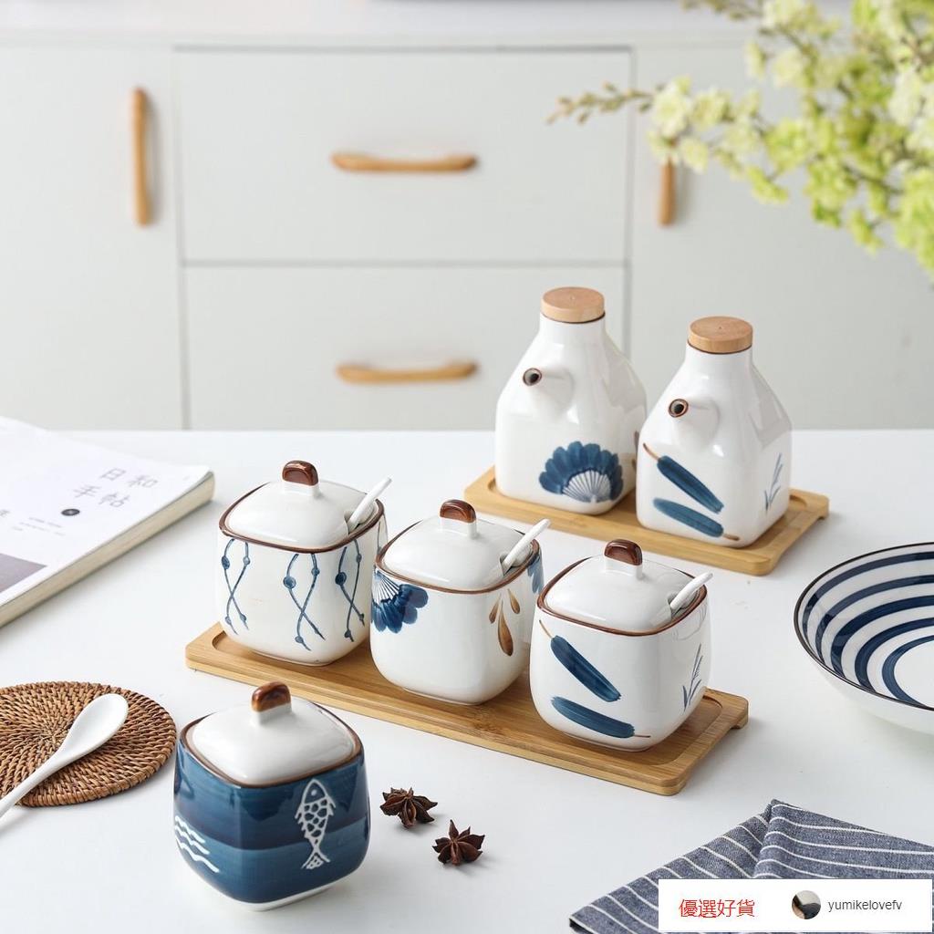 新日式創意陶瓷傢用餐廳廚房油罐調味罐醬油壺醋瓶調料瓶套裝組閤
