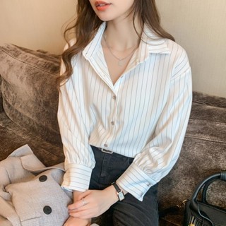 【Wik】長袖 襯衫 衣服女 上衣 女襯衫 薄 外套 秋季新款條紋襯衫女設計感小眾輕熟長袖雪紡上衣複古職業襯衣