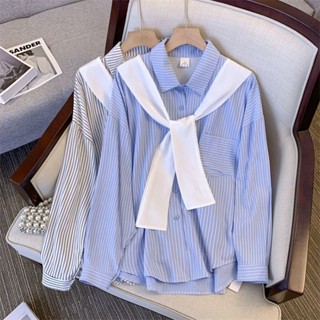 【Wik】長袖 襯衫 衣服女 上衣 女襯衫 薄 外套 條紋設計感假兩件襯衫女秋季新款韓版寬鬆休閒別緻帶披肩長袖上衣