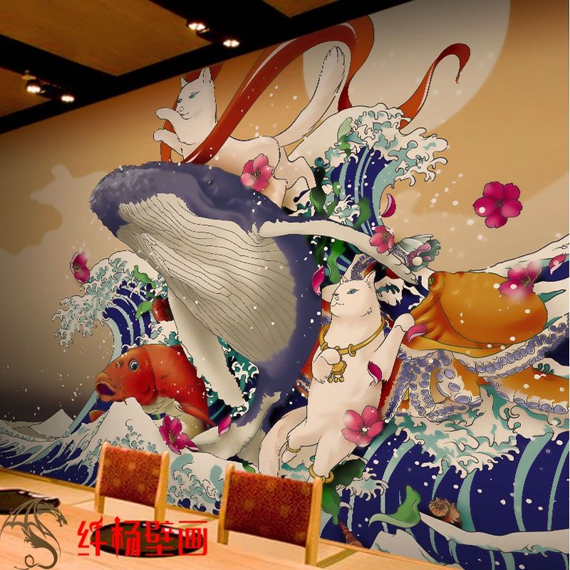 復古日式浮世繪海浪環保壁畫日本料理餐廳壁紙個性海鮮壽司店墻紙櫻桃小丸子精品店