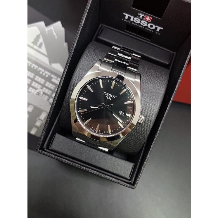 TISSOT Gentleman 黑色面錶盤 銀色不鏽鋼錶帶 石英 男士手錶 T1274101105100 天梭腕錶