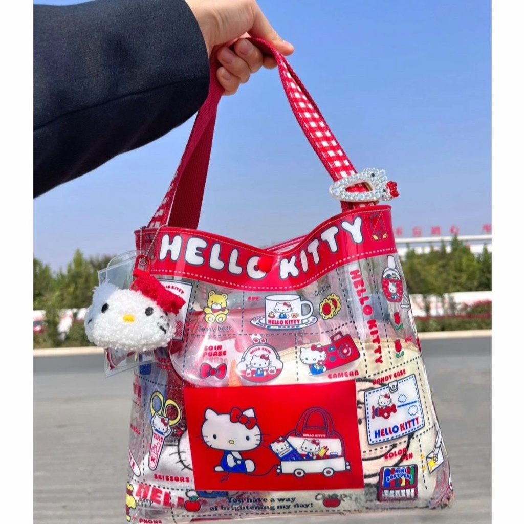 海灘包 防水袋 旅行包 單肩 日本hello kitty pvc大容量單肩包防水購物袋學生印花手提包女包