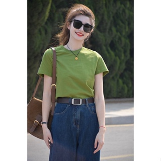 綠色純棉短袖t恤女夏季2023年新款韓版高級感時尚設計感小眾上衣