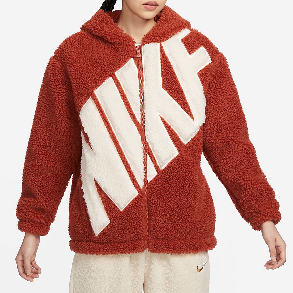 Nike NSW Logo Sherpa JKT 女 酒紅 運動 舒適 休閒 連帽 外套 FB8696-832