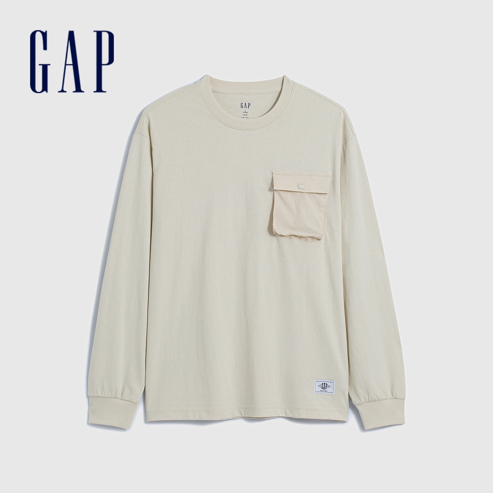 Gap 男裝 Logo純棉圓領長袖上衣-米白色(841249)