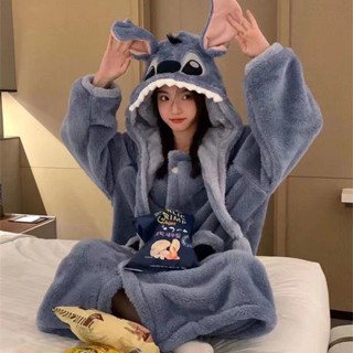 Sugar-法蘭絨睡衣女冬季珊瑚絨睡袍加絨加厚卡通學生韓版可愛史迪仔套裝 居家服 保暖防風睡衣 上衣