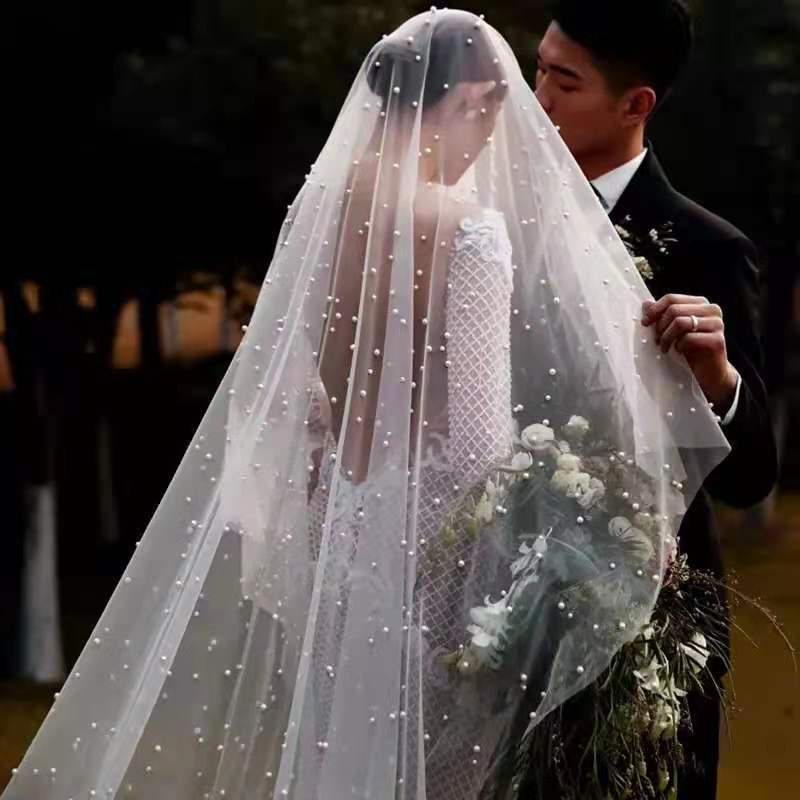 木棉花 新款珍珠頭紗手工釘珠超仙柔軟森系網紅拍照頭飾新娘結婚婚紗頭紗
