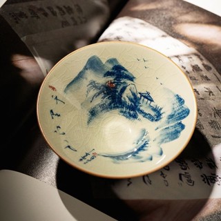 茶杯 茶具 品茗杯 功夫茶杯 陶瓷杯 主人茶杯 功夫茶具 汝窯開片斗笠杯手繪青花專用壓手杯山水品茗杯
