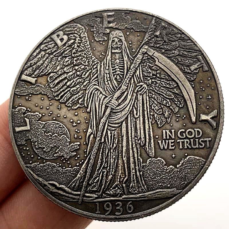 🔥免運🔥紀念幣 收藏用 1936美國流浪幣骷髏自由女神黃銅舊銀硬幣 收藏幣工藝銅銀紀念幣