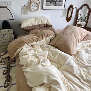 ✨新品上架✨❤ 10色 高級感雙拼牛奶絨床包組 加厚 法蘭絨床單 素色床罩 雙人/加大床包四件組 兩用被套 被單 枕頭