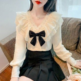 SY韓版上衣長袖襯衫加絨上衣冬季設計感V領荷葉邊蝴蝶結杏色加絨打底襯衫拼接蕾絲上衣女