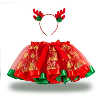 MOMOKO 兒童洋裝 女童裙子 聖誕節童裝印花兒童短裙tutu裙女童錶演蓬蓬裙送鹿角頭箍