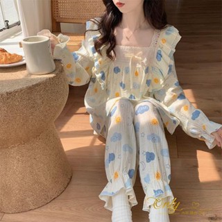 Only❤️ins荷葉邊睡衣女春秋季新款長袖甜美花邊高階感可外穿家居服套裝