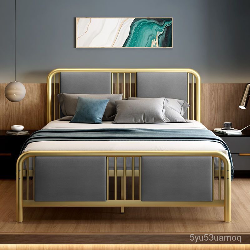 【廠傢直銷 免運】現代簡約輕奢新中式鐵藝床1.2米1.8米金色軟靠鐵床架金屬雙人鐵床