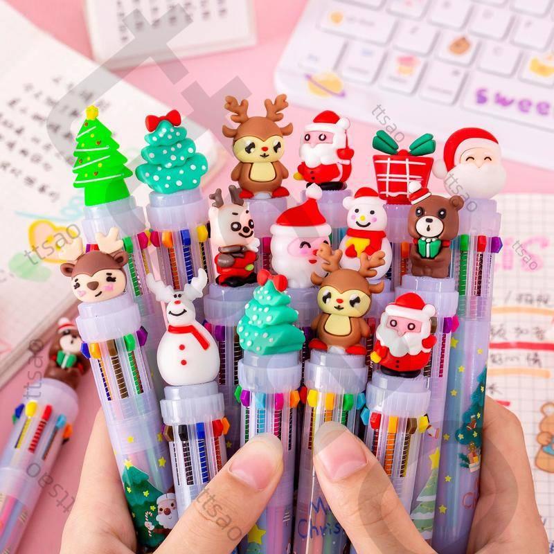 多色圓珠筆，聖誕老人原子筆，聖誕10色原子筆，學生按壓式彩色筆，十色合一按動原子筆, 0.5mm多色手帳筆KP012