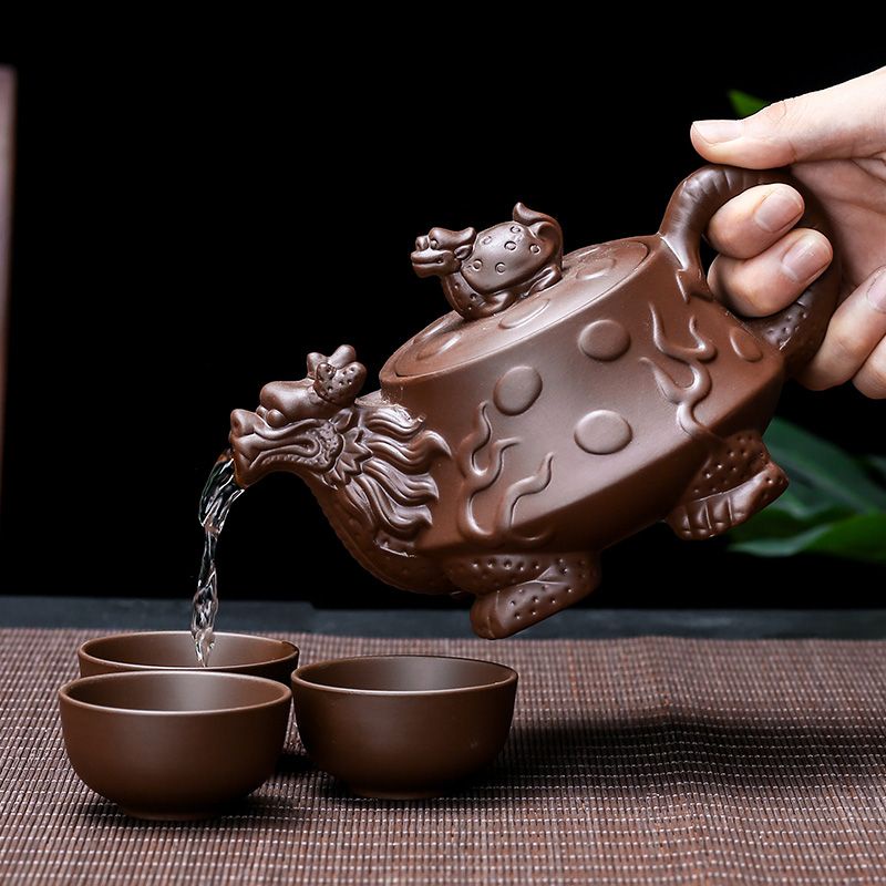 功夫茶具😄宜興紫砂壺茶具套裝家用整套大中小龜龍茶壺原礦朱泥功夫茶壺陶瓷