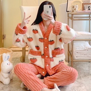 珊瑚絨 睡衣 女士 秋冬季 加 絨 加厚 法蘭絨 水蜜桃 家居服 兩件 套裝 冬季睡衣女士套裝 法蘭絨