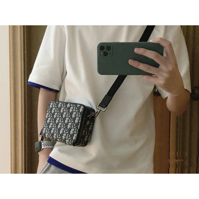 二手精品全新真品 Dior Oblique 海軍藍 緹花 雙層 郵差包 手拿包