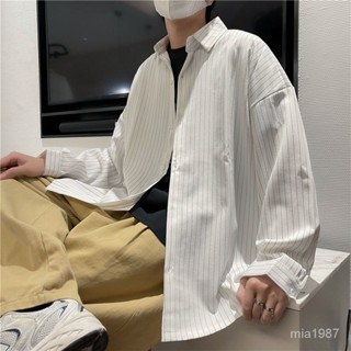 港風春秋季襯衫男長袖黑白色豎條紋韓版潮流寬鬆內搭打底襯衣外套 VPWU