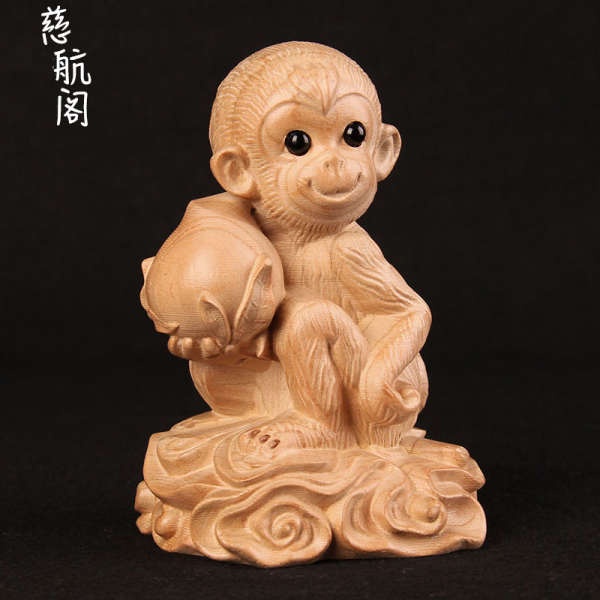 桃木猴擺件壽桃猴木雕猴十二生肖猴原色木質小猴子工藝品