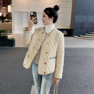 SY韓版小香風上衣輕薄羽絨棉服外套女短款開衫上衣冬季小個子菱格雙排扣棉衣外套女