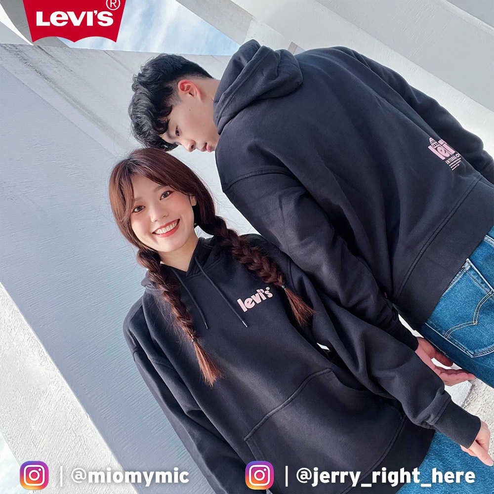 Levis 重磅口袋帽T 3M反光海報體Logo 寬鬆 430GSM厚棉 黑 男女同款 38479-0088 熱賣單品