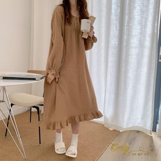Only❤️ins韓版睡裙女秋冬季長袖女中長款睡衣裙甜美荷葉波點家居服套裝