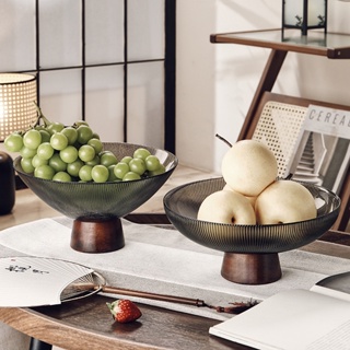 新中式 高腳 玻璃 水果盤 高級感 家用 客廳 茶几 擺件 大容量 乾果盒 糖果盤 中式家居裝飾 玻璃水果盤