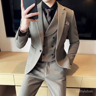 ✨新品特價✨大碼西服外套男秋冬季加厚毛呢西服套裝男士韓版修身商務休閒帥氣呢料西裝三件套 27AQ